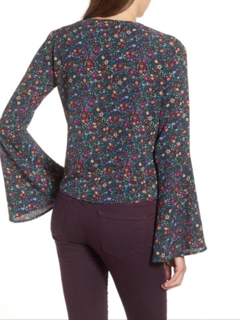 Chloe & Katie Floral Wrap Blouse V-Neck Bell Sleeve Womens Small - Picture 2 of 10